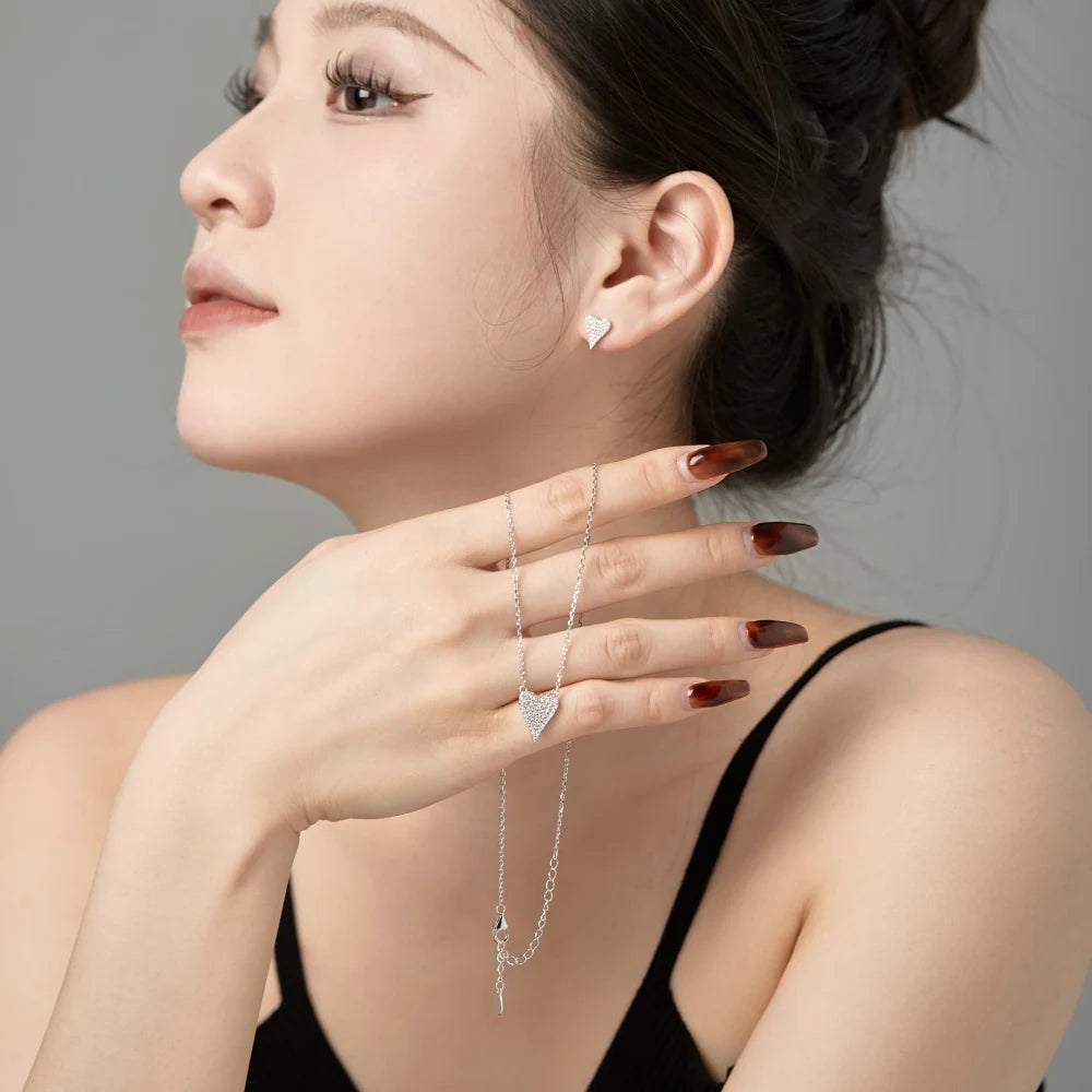 Silver Zircon Round Cut Small Iced Heart Pendant Necklace