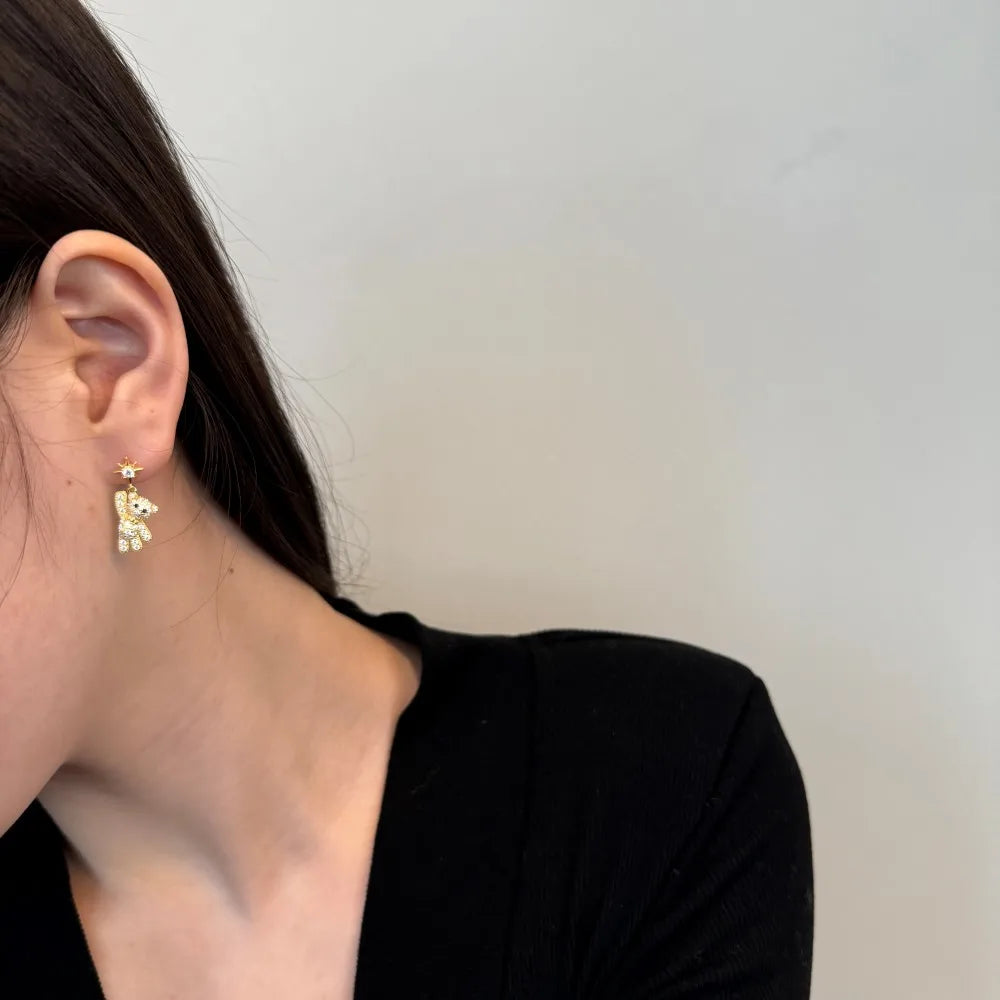 Silver Zircon Round Cut Iced Bear Drop Earrings