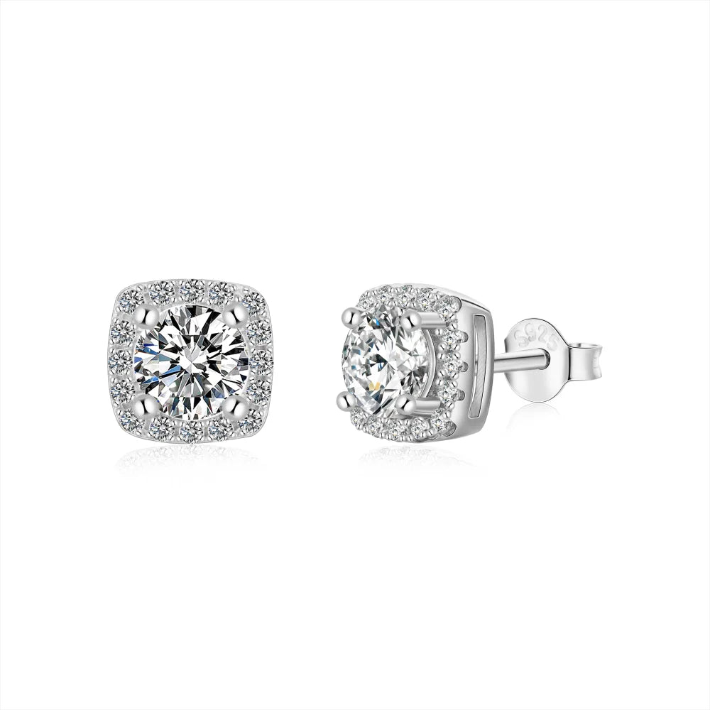 Silver Zircon Round Cut Cushion Ear Studs
