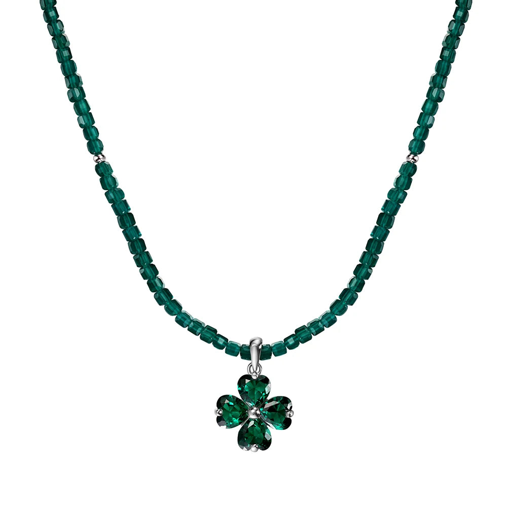 Silver Zircon Heart Cut 4 Leaf Clover Beaded Necklace