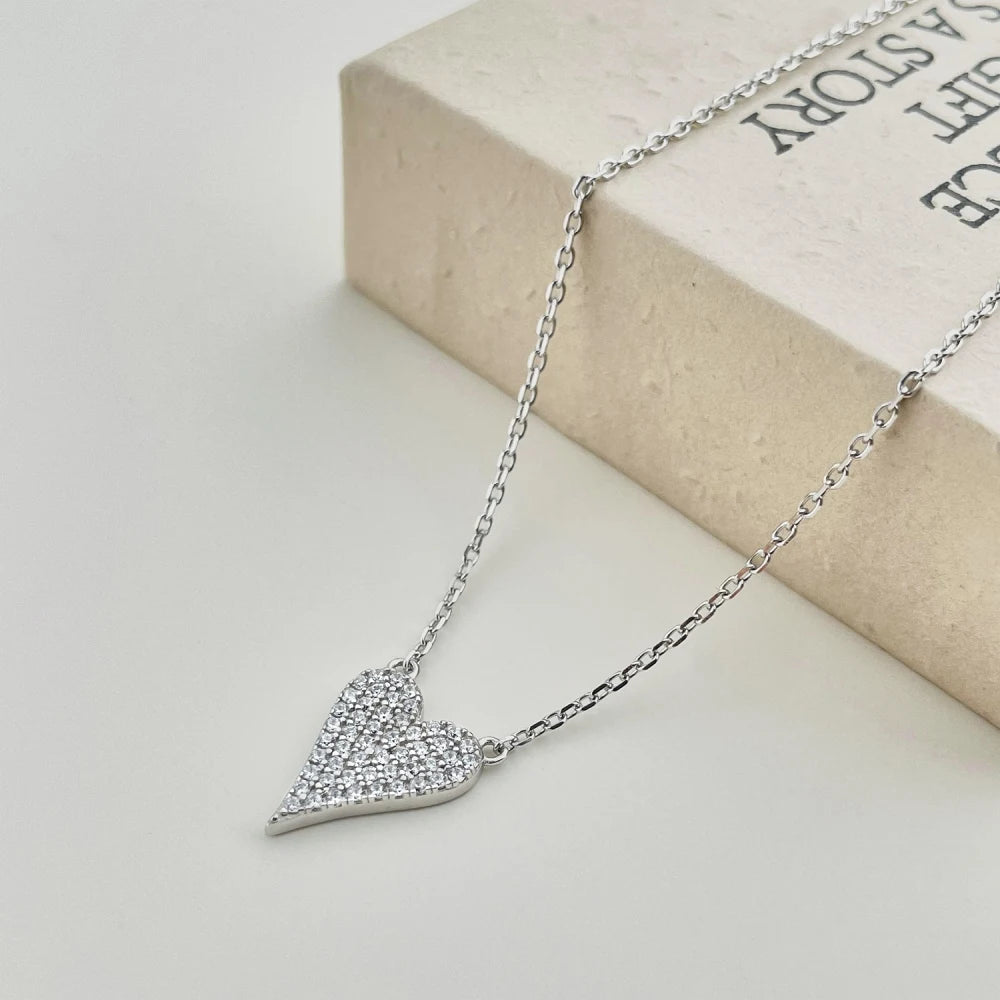 Silver Zircon Round Cut Small Iced Heart Pendant Necklace
