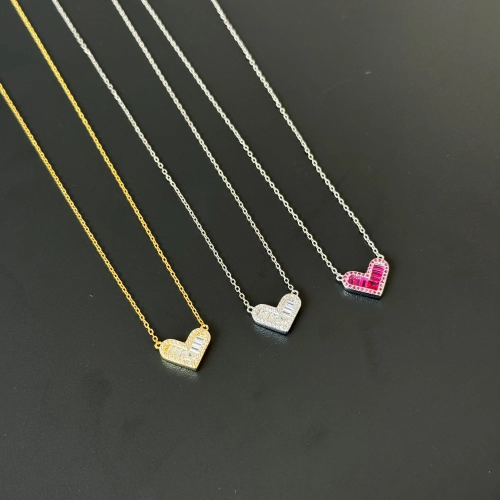 Silver Zircon Princess Cut Iced Halo Heart Pendant Necklace