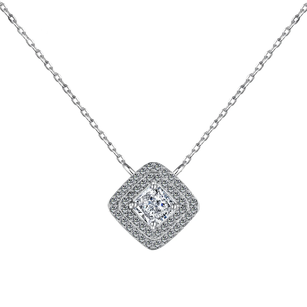 Silver Zircon Princess Cut Pillow Pendant Necklace