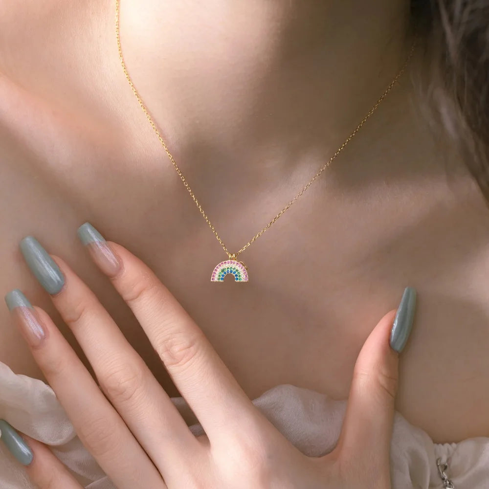 Silver Zircon Round Cut Inlaid Rainbow Pendant Necklace