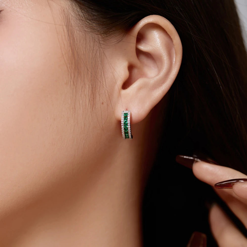 Silver Zircon Round Cut Stud Ear Hoops