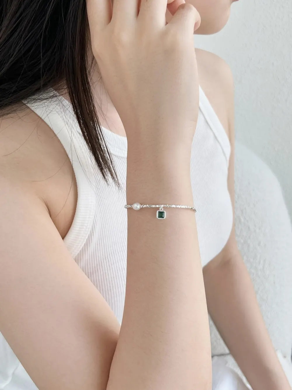 Silver Zircon Princess Cut Multi Layer Charm Beaded Bracelet