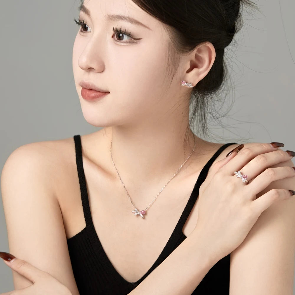 Silver Zircon Pear Cut Bow Knot Pendant Necklace