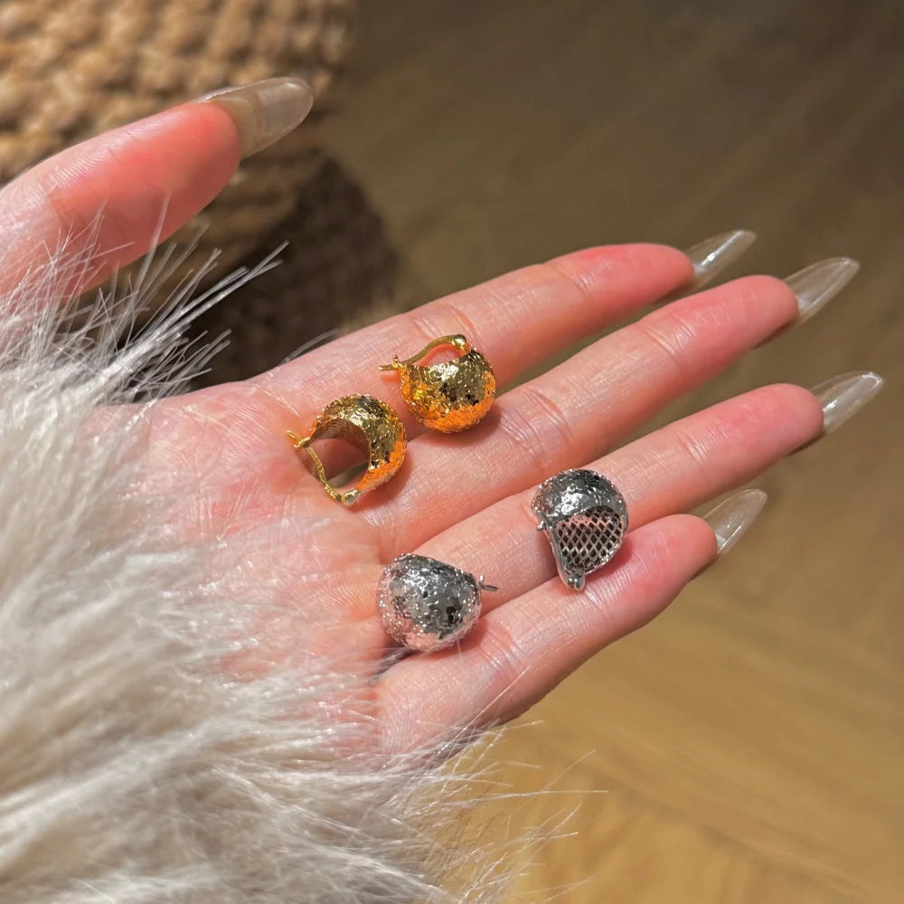 Silver Textured Sphere Huggie Earrings