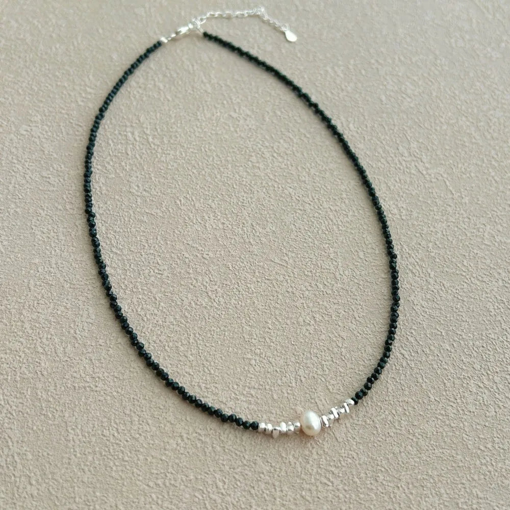 Silver Onyx Round Cut Simple Beaded Necklace