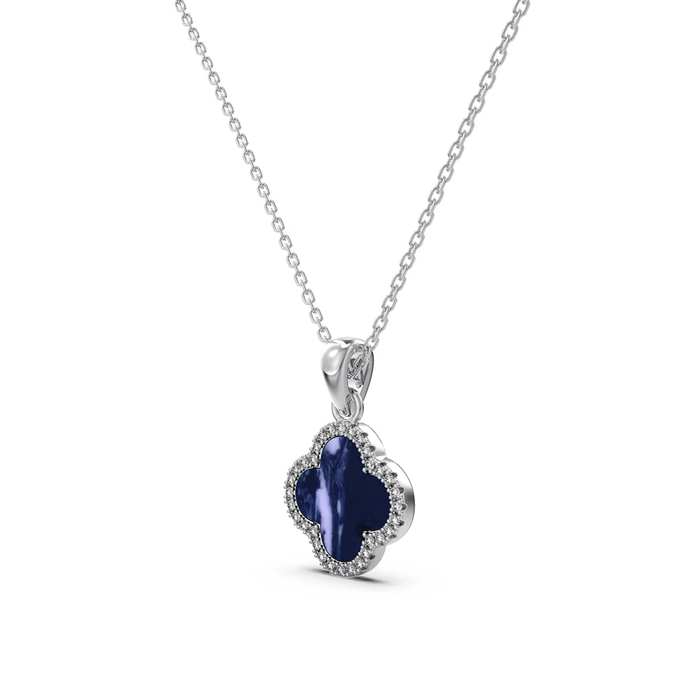 Silver Zircon Round Cut Inlaid Clover Pendant Necklace