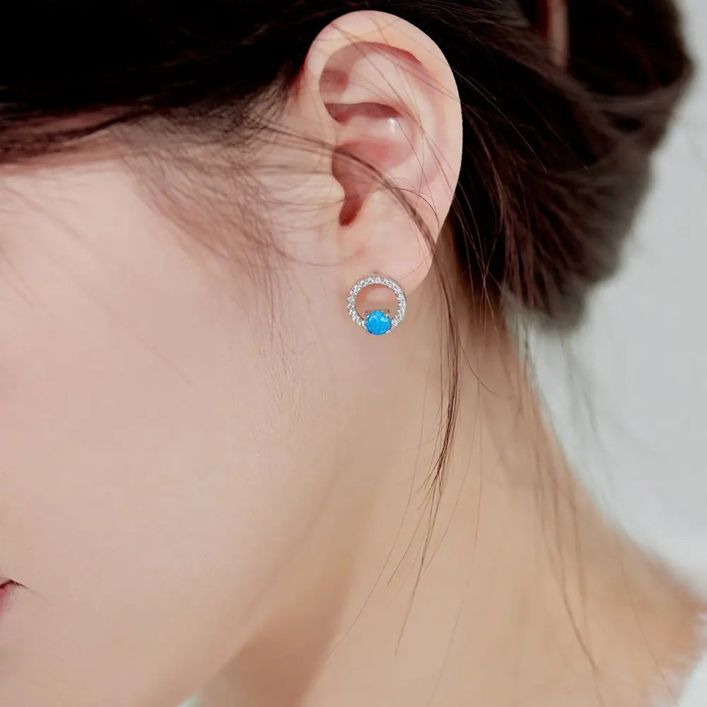 Silver Opal Round Cut Halo Disc Ear Studs