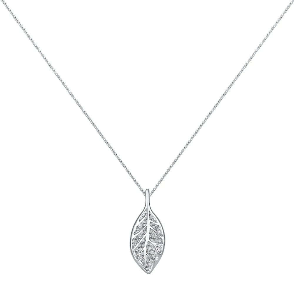 Silver Zircon Round Cut Leaf Pendant Necklace