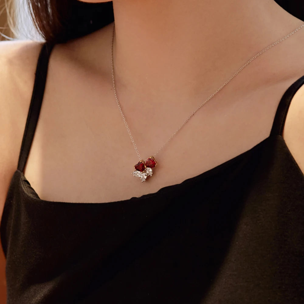 Silver Zircon Heart Cut Loving Leaf Pendant Necklace
