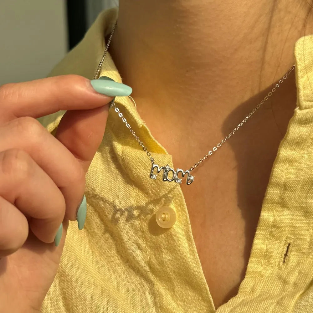Silver Zircon Round Cut Mom Small Bar Necklace