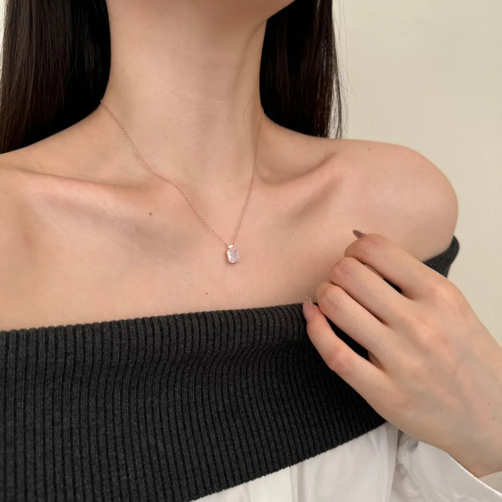 Silver Zircon Radiant Cut Framed Pendant Necklace