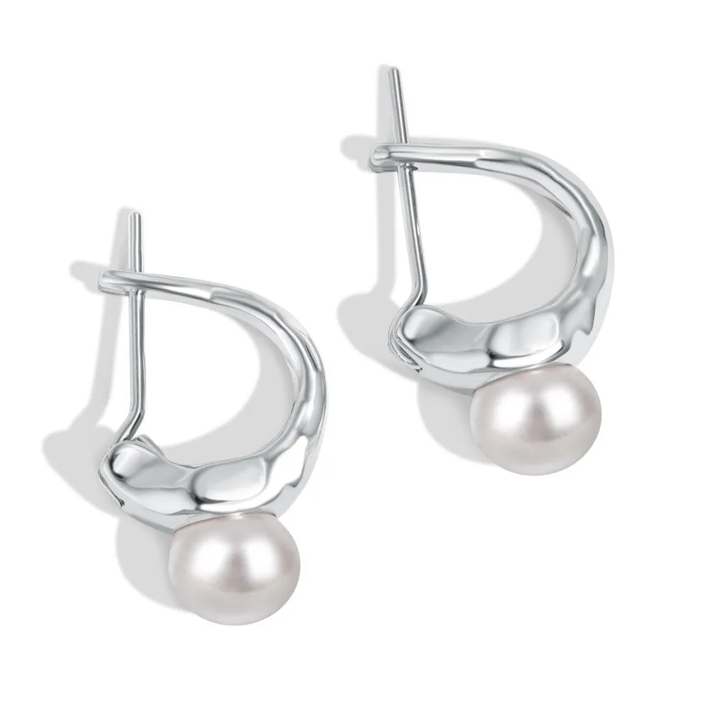 Silver Pearl Chunky Huggie Earrings