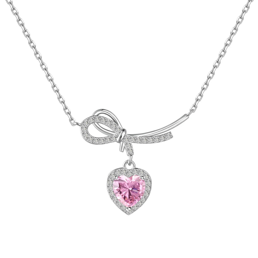 Silver Zircon Heart Cut Inlaid Bow Knot Pendant Necklace