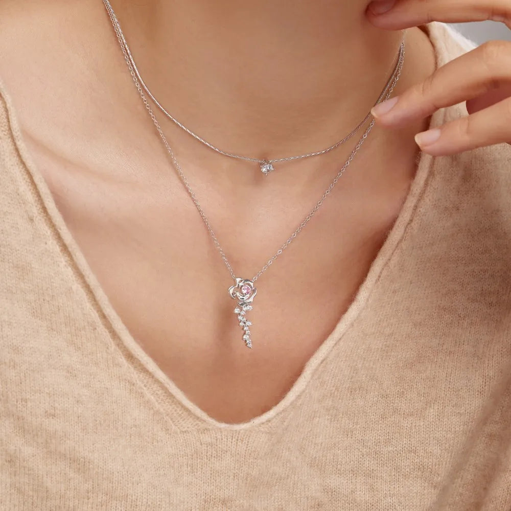 Silver Zircon Round Cut Blossom Rose Pendant Necklace