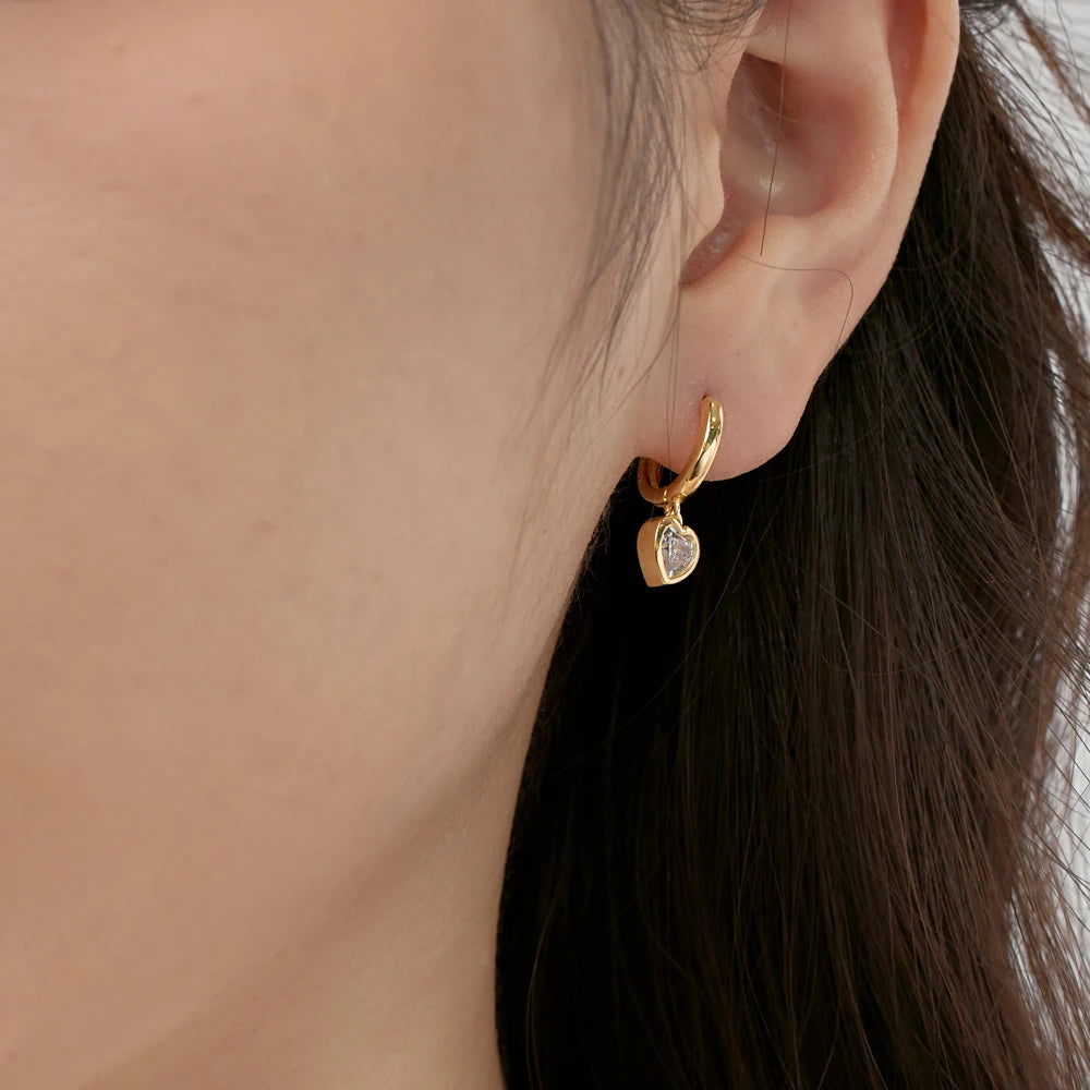 Silver Zircon Heart Cut Drop Huggie Earrings