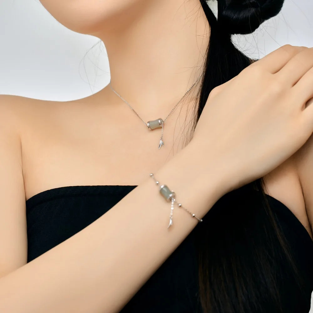 Silver Jade Bamboo Beaded Bracelet