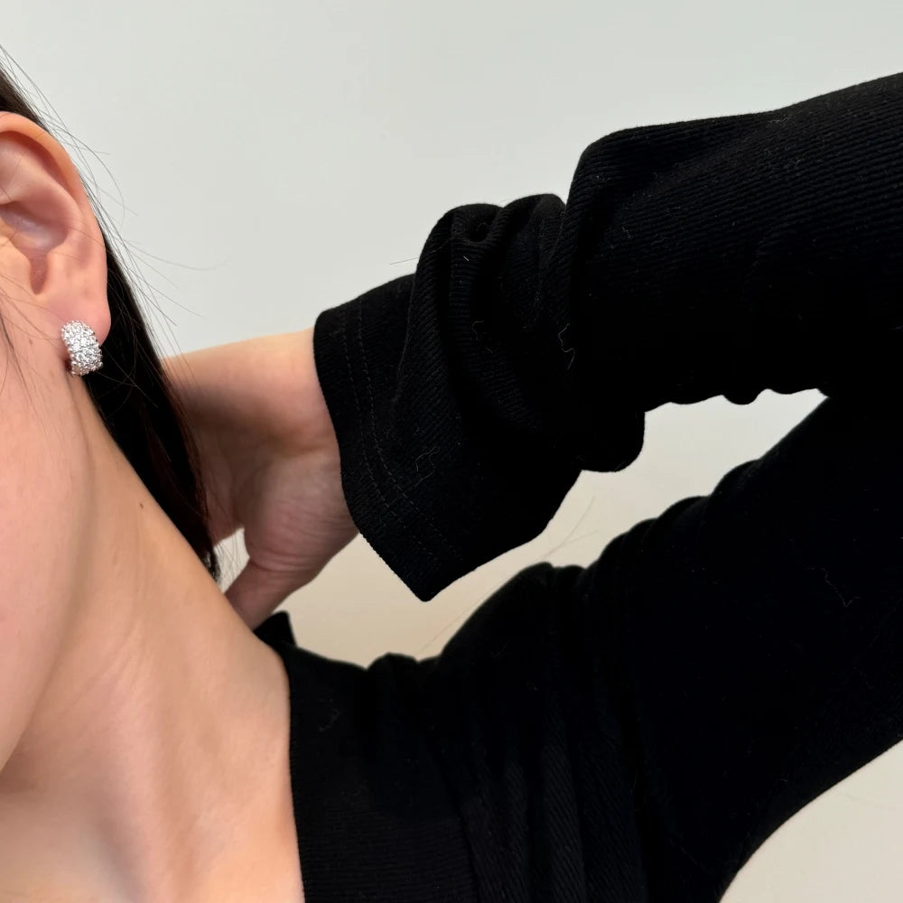 Silver Zircon Round Cut Iced Chunky Ear Hoops