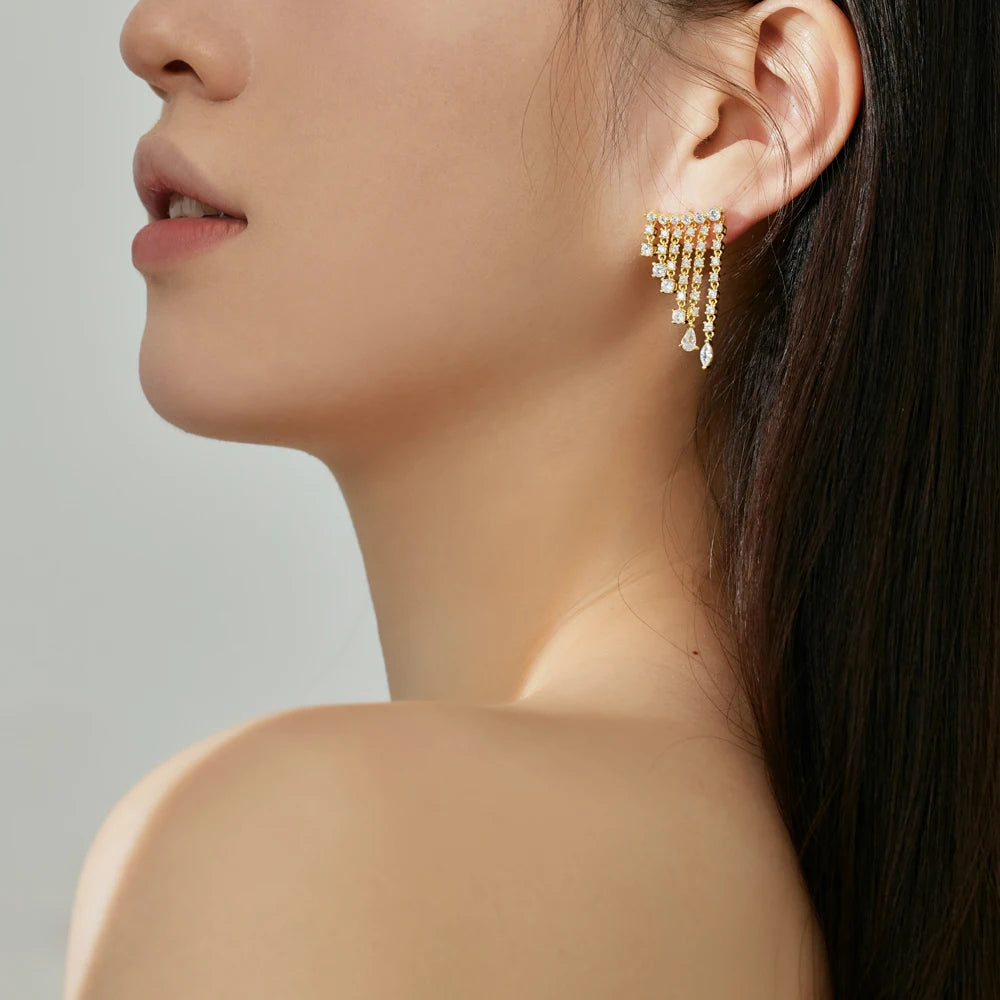 Silver Zircon Pear Cut Multi Layer Tassel Drop Earrings