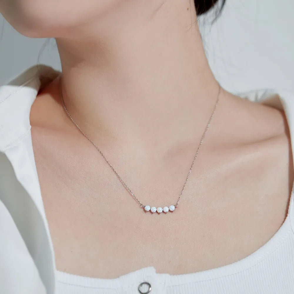 Silver Opal Round Cut Dots Bar Necklace