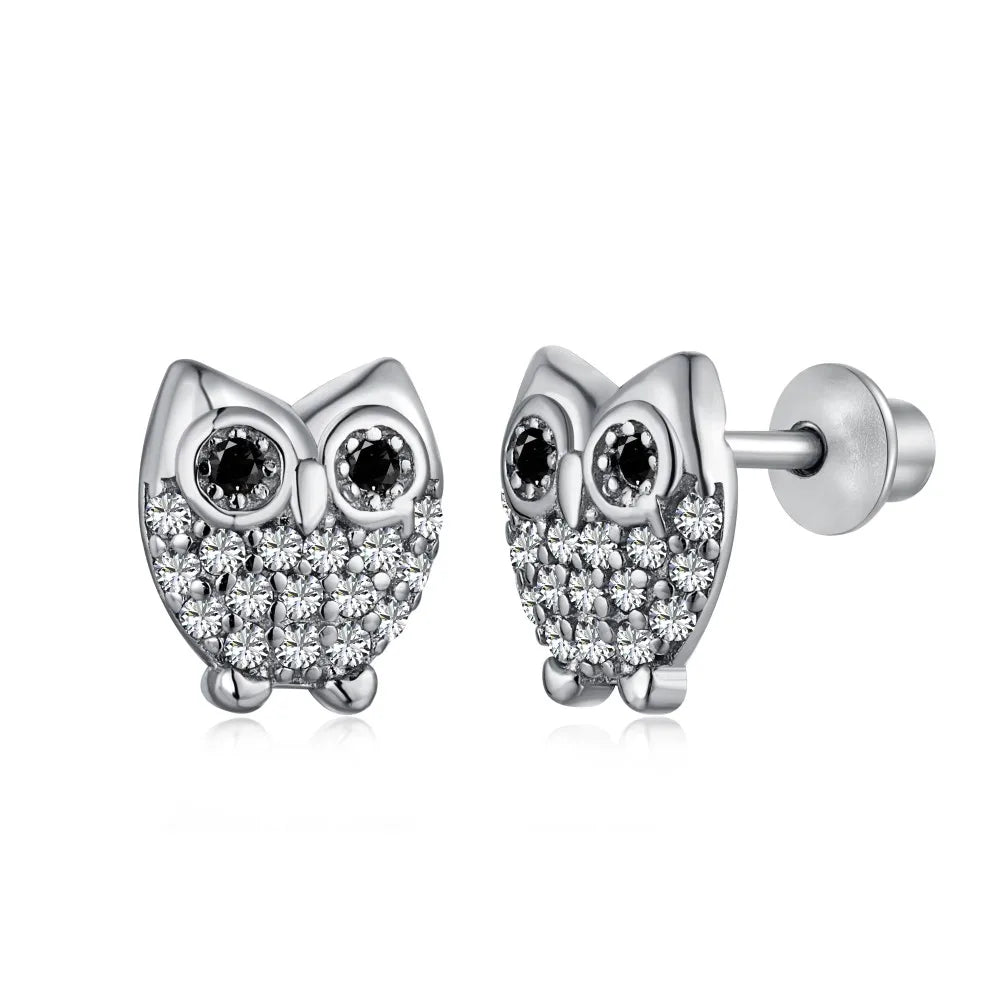 Silver Zircon Round Cut Owl Ear Studs
