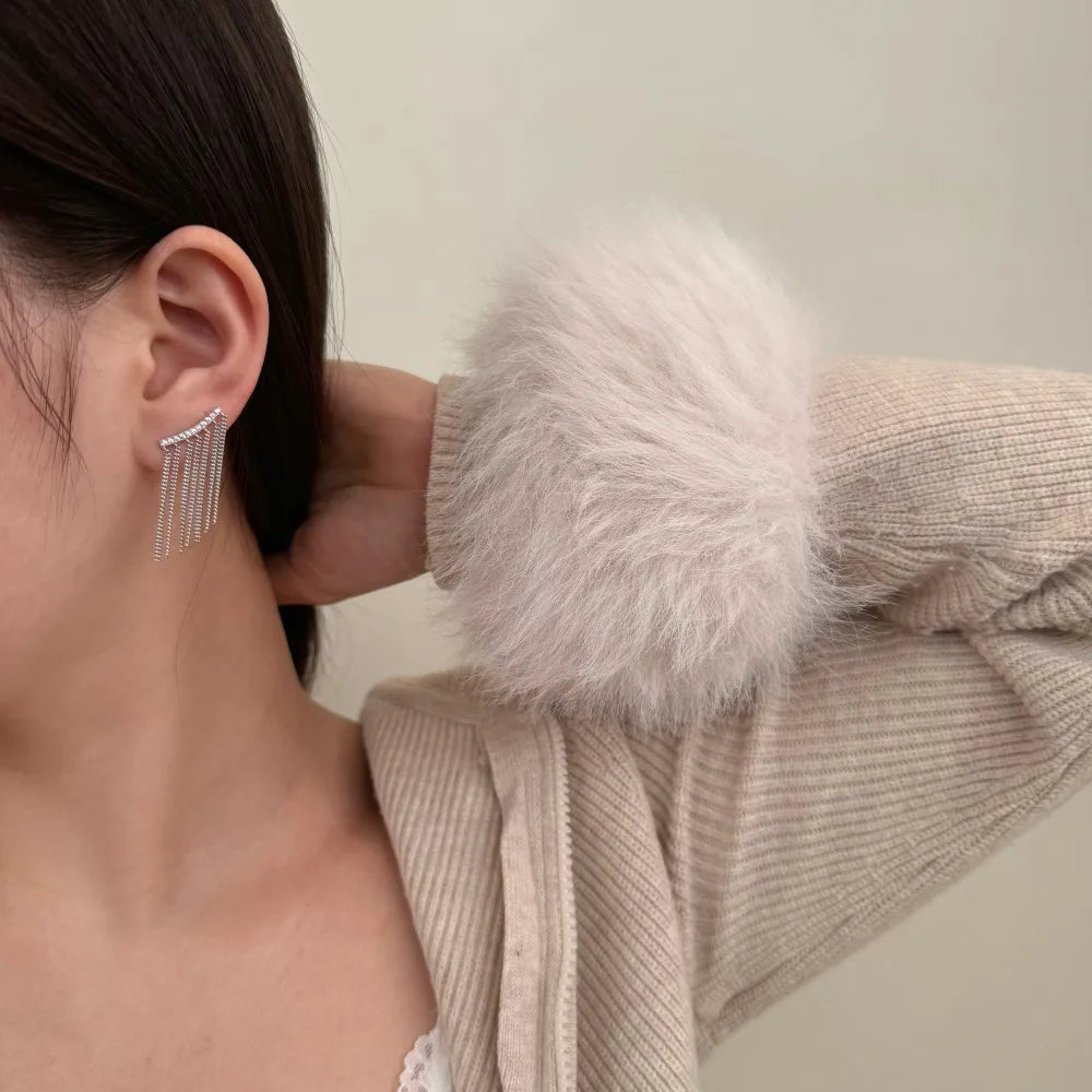 Silver Zircon Round Cut Bar Tassel Drop Earrings