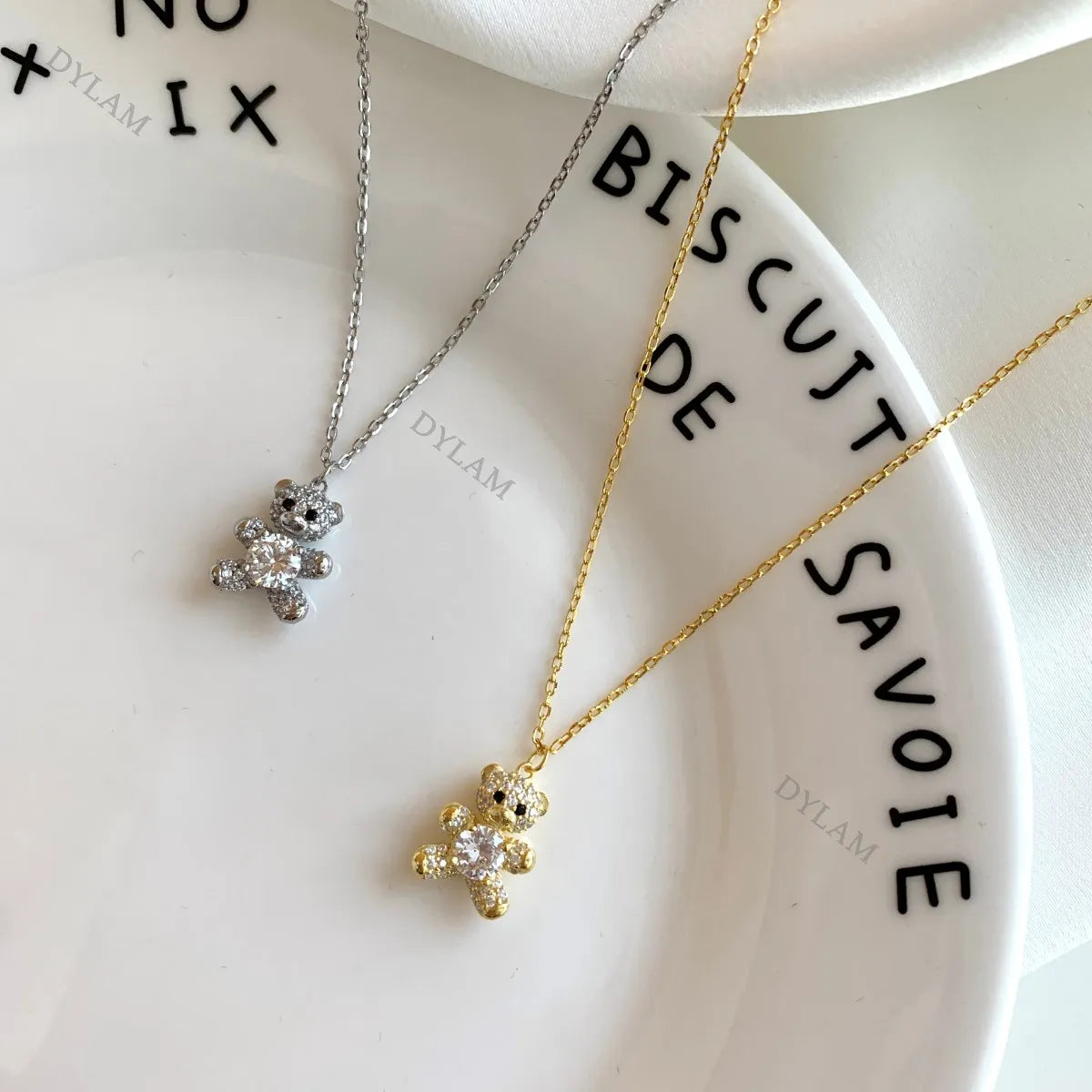 Silver Zircon Round Cut Bear Pendant Necklace