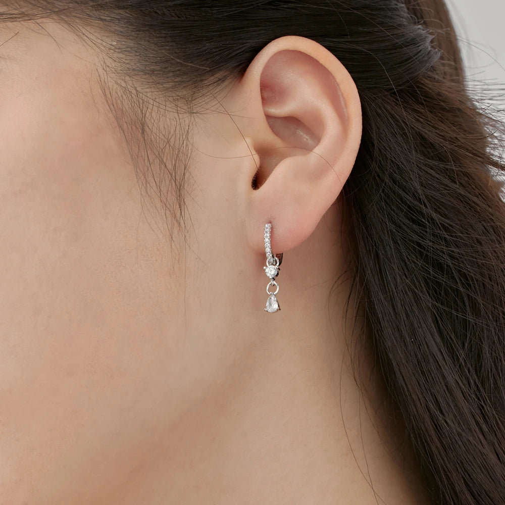 Silver Zircon Pear Cut Iced Water Drop Huggie Earrings