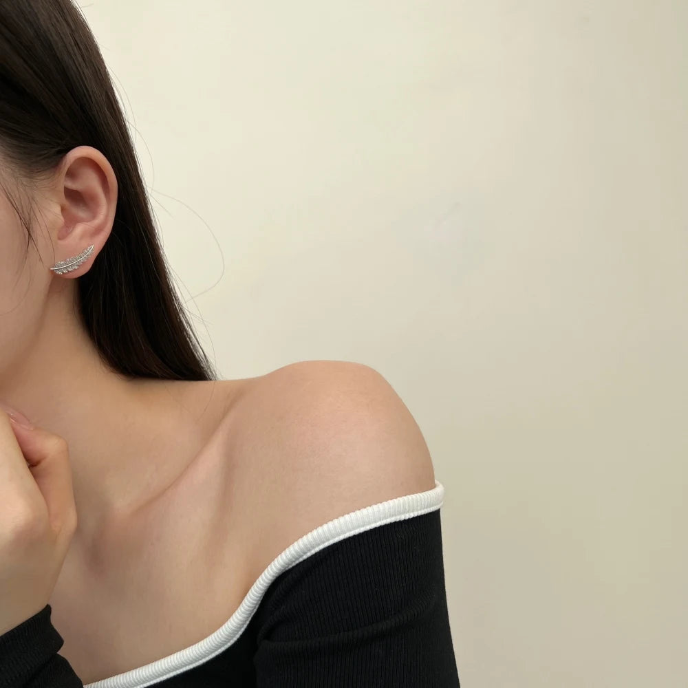 Silver Zircon Round Cut Leaves Ear Studs