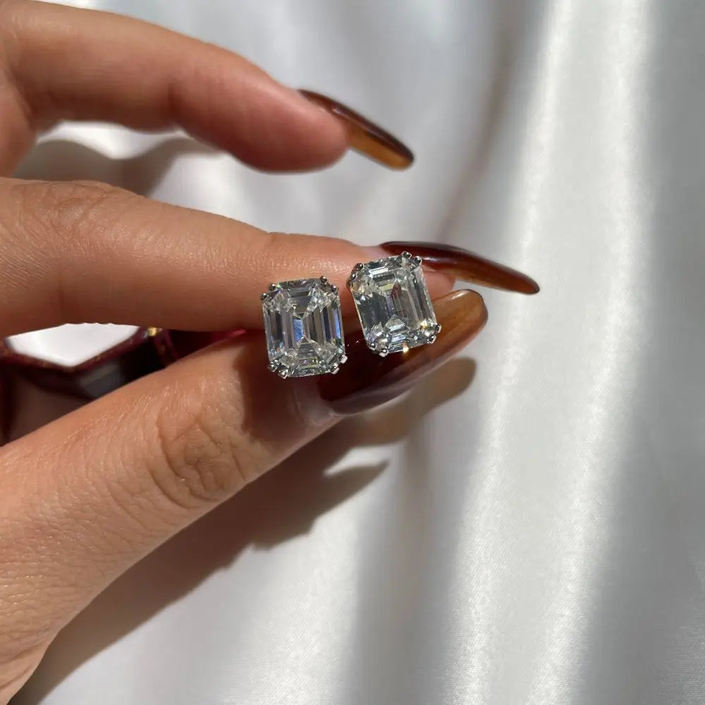 Silver Zircon Emerald Cut Curved Ear Studs