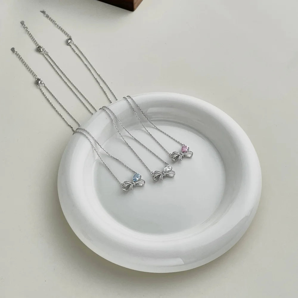 Silver Zircon Pear Cut Bow Knot Pendant Necklace