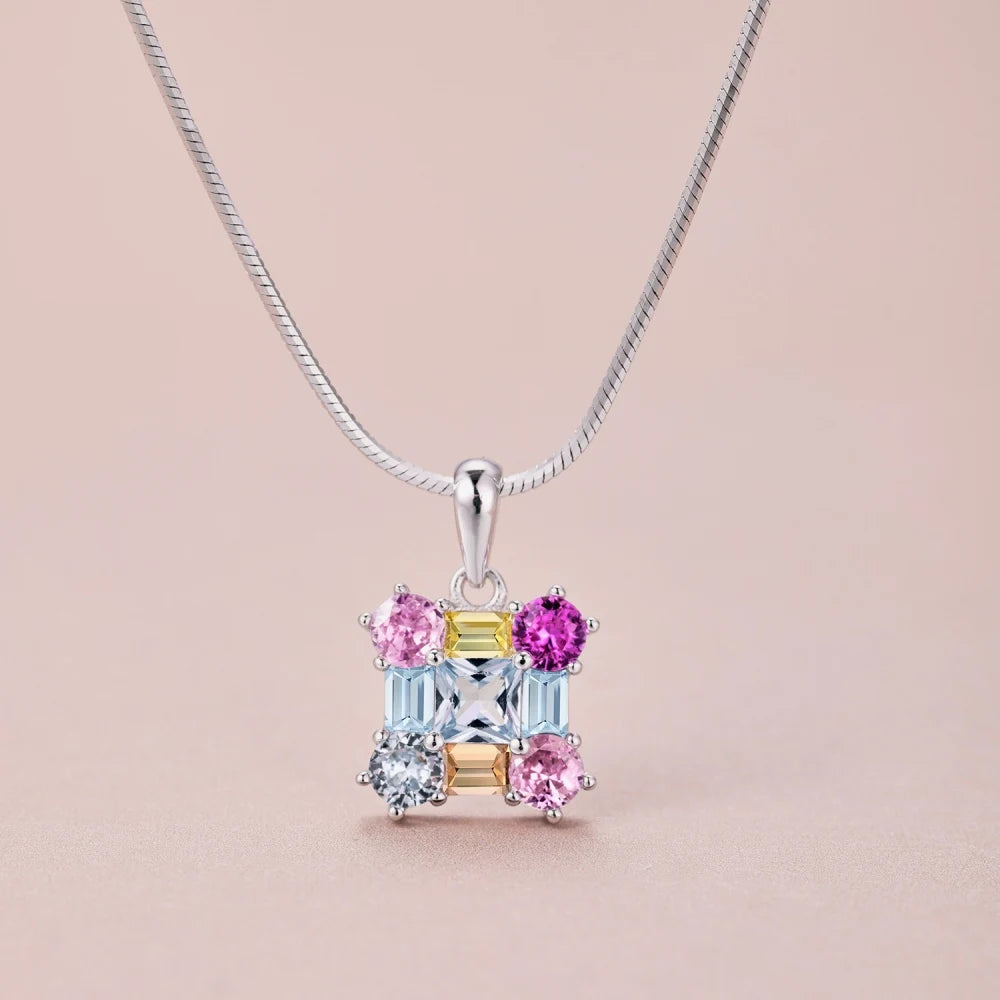 Silver Zircon Princess Cut Inlaid Cube Pendant Necklace