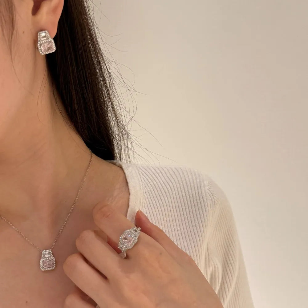 Silver Zircon Radiant Cut Halo Stacked Jewelry Set