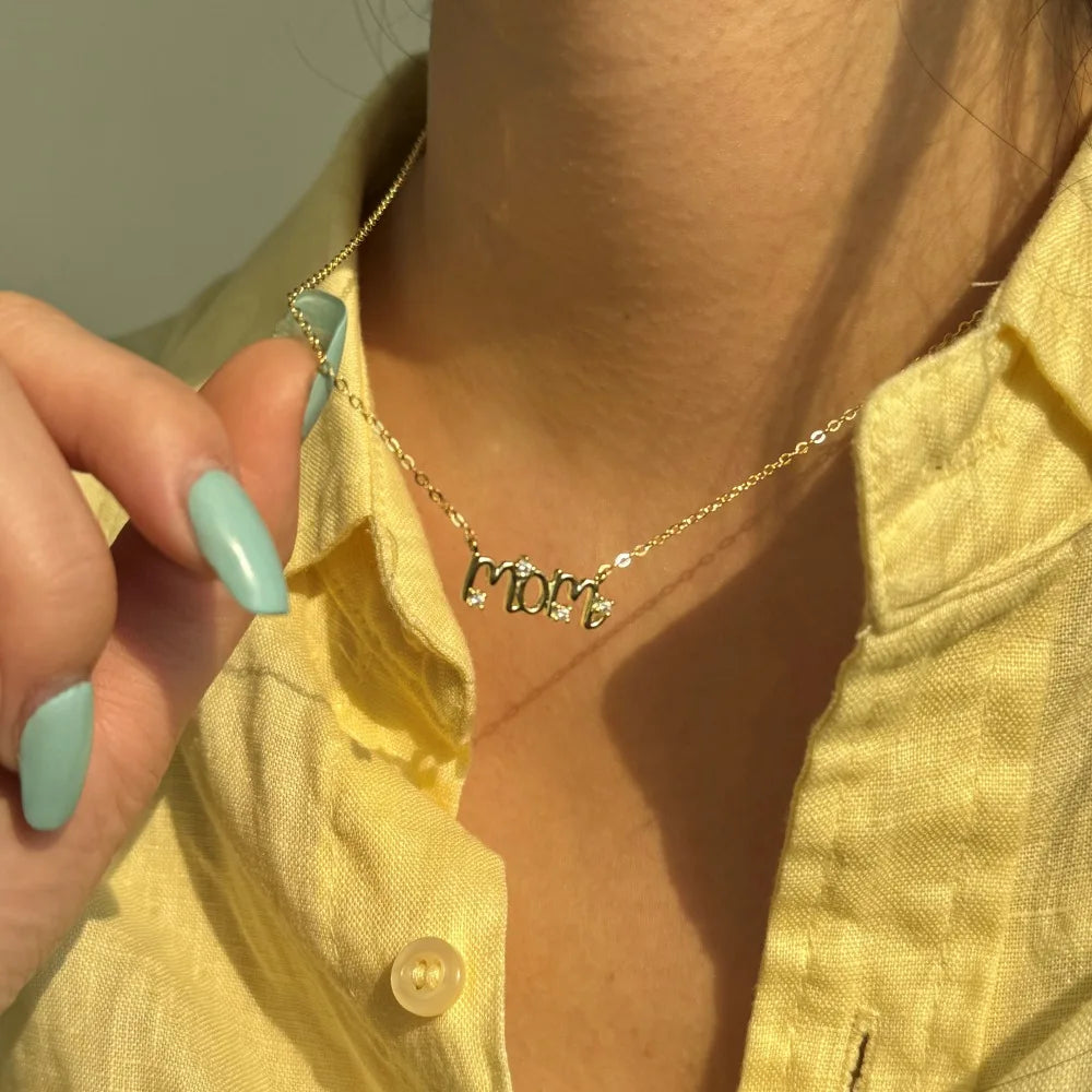 Silver Zircon Round Cut Mom Small Bar Necklace
