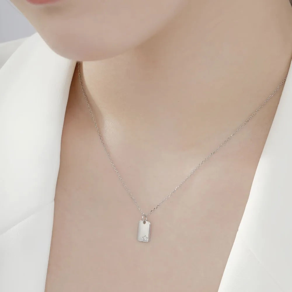 Silver Zircon Round Cut Tag Pendant Necklace