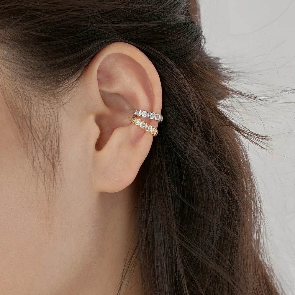 Silver Zircon Round Cut Wrapped Inlaid Ear Cuffs