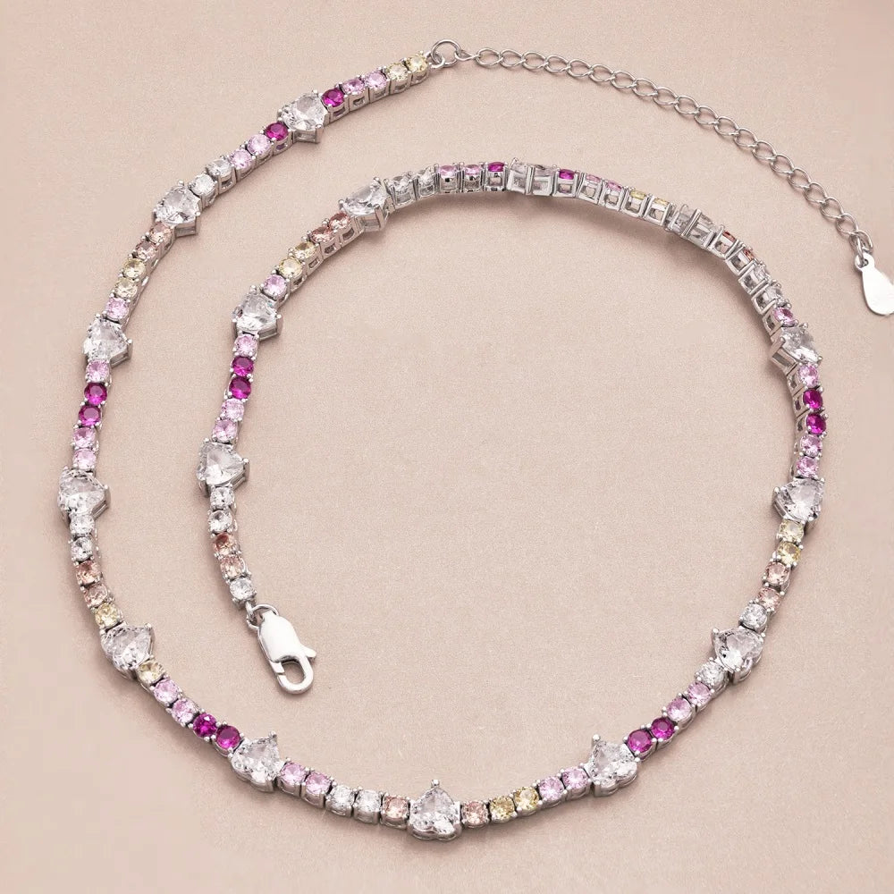 Silver Zircon Heart Cut Charm Tennis Necklace