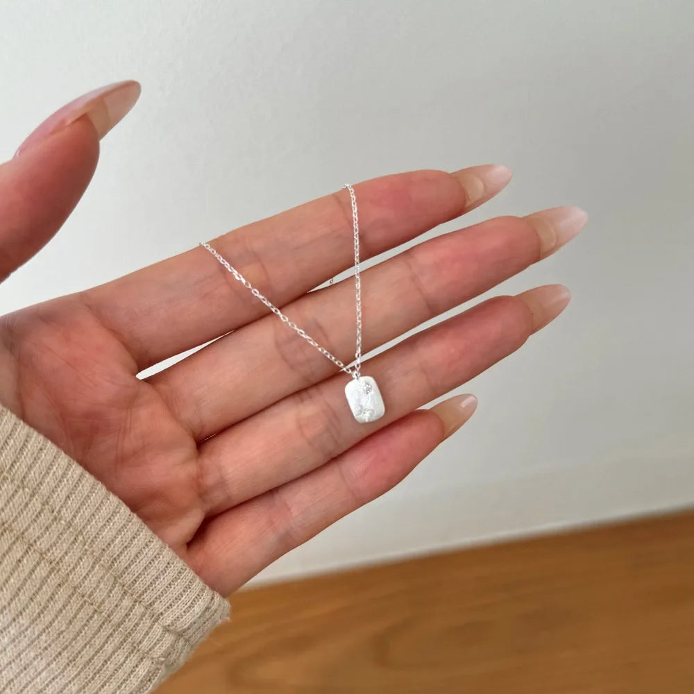 Silver Zircon Round Cut Brushed Tag Pendant Necklace