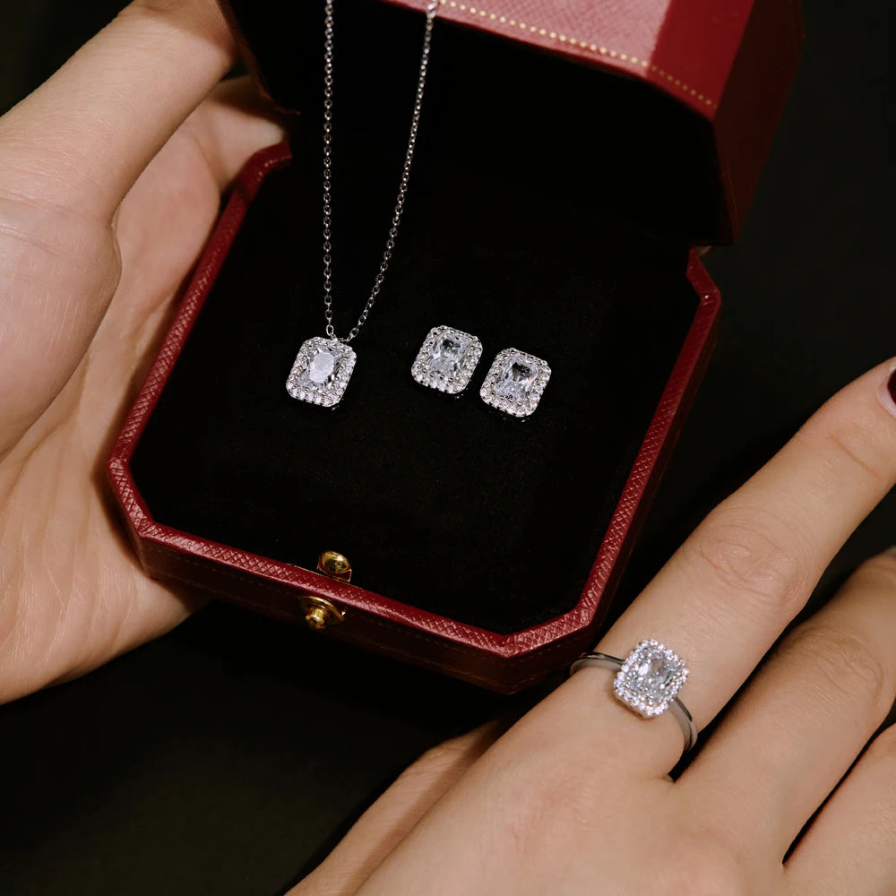 Silver Zircon Radiant Cut Sided Halo Pendant Necklace