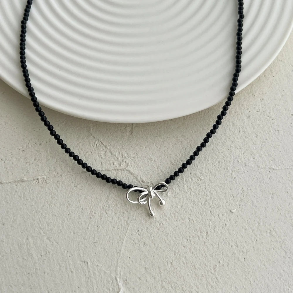Silver Onyx Round Cut Bow Knot Beaded Necklace