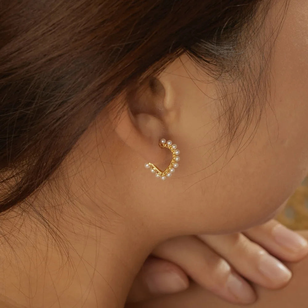 Silver Pearl Heart Hook Ear Hoops