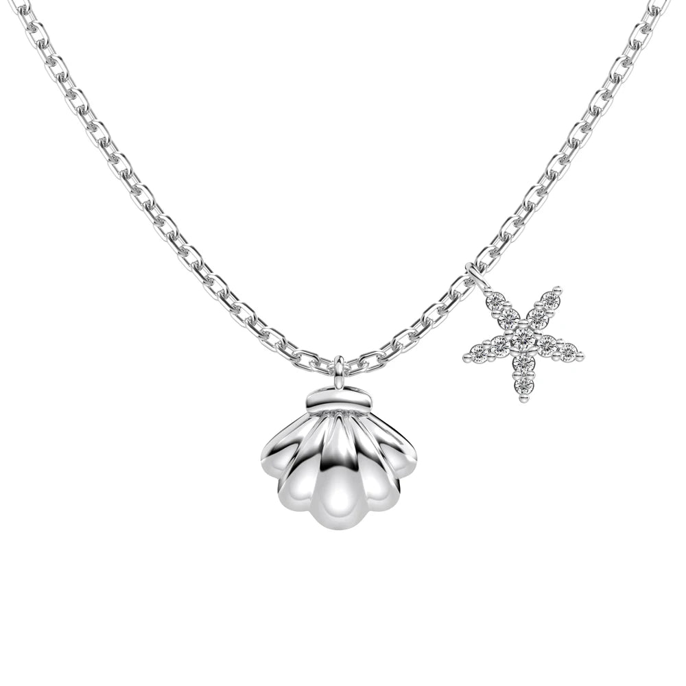 Silver Zircon Round Cut Shell Pendant Necklace