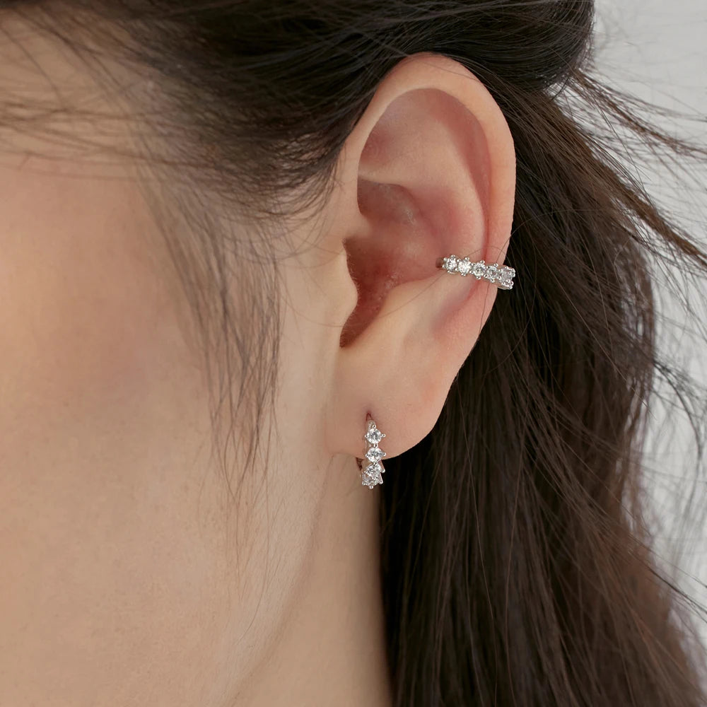 Silver Zircon Round Cut Twisted Inlaid Ear Cuffs