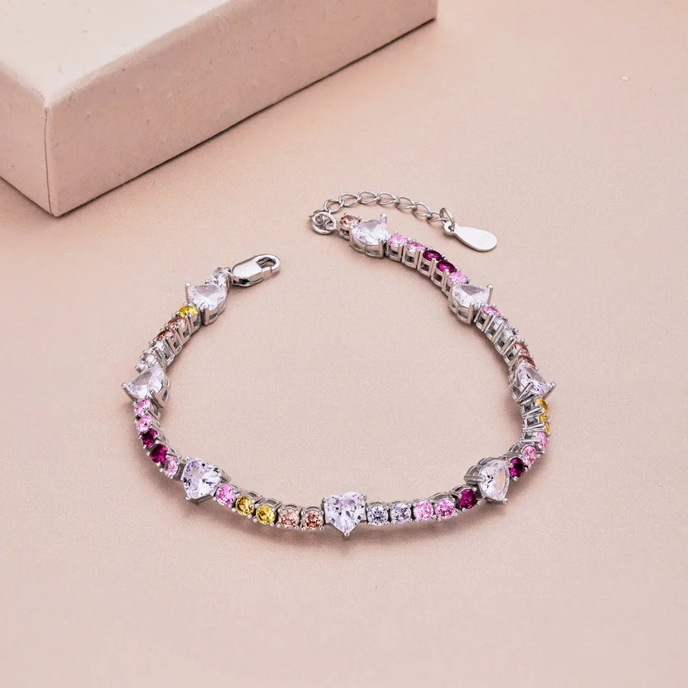 Silver Zircon Heart Cut Charm Tennis Bracelet