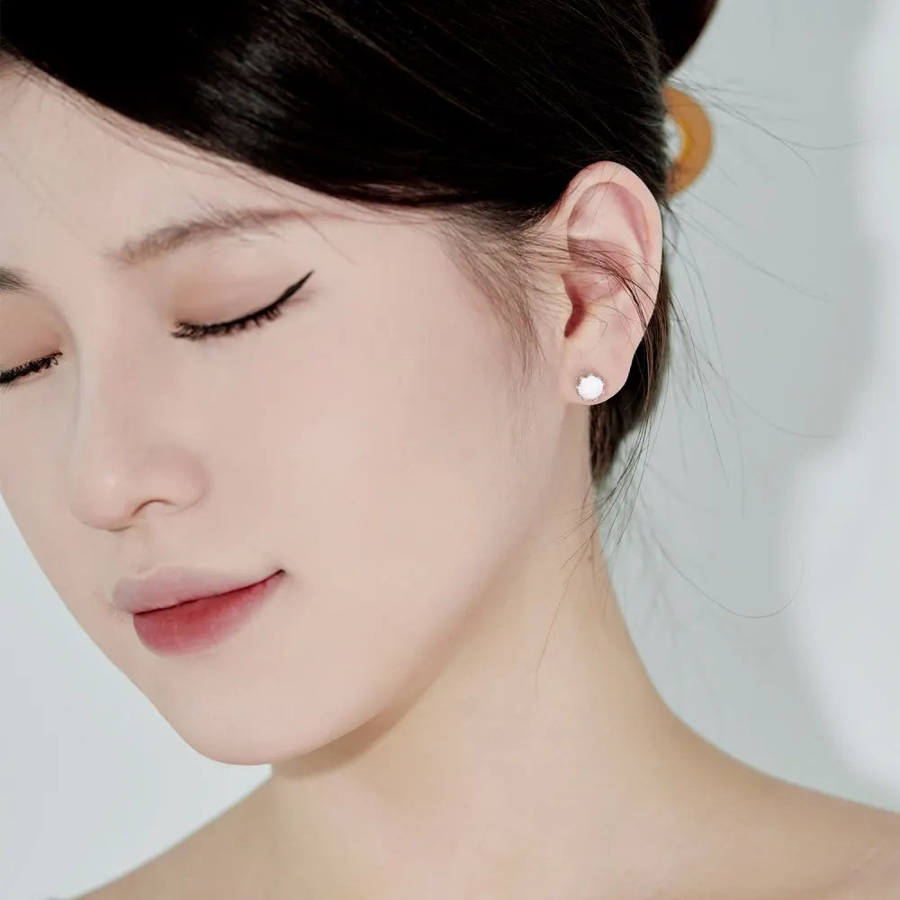 Silver Opal Round Cut Wrapped Ear Studs