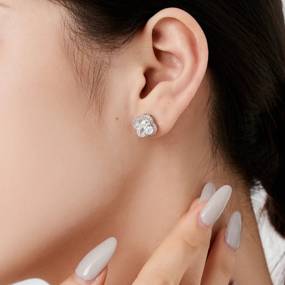 Silver Zircon Clover Cut Halo Ear Studs