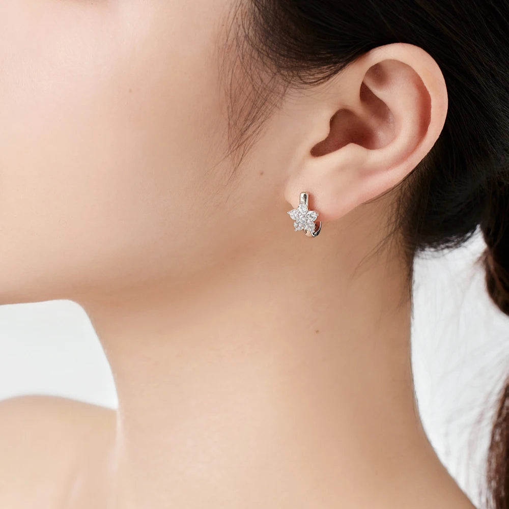 Silver Zircon Round Cut Flower Huggie Earrings